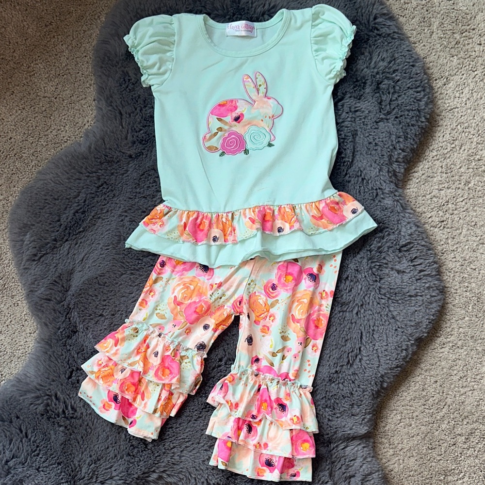 Floral Bunny Ruffle Set - Mint and Peach.  Size 2T.
